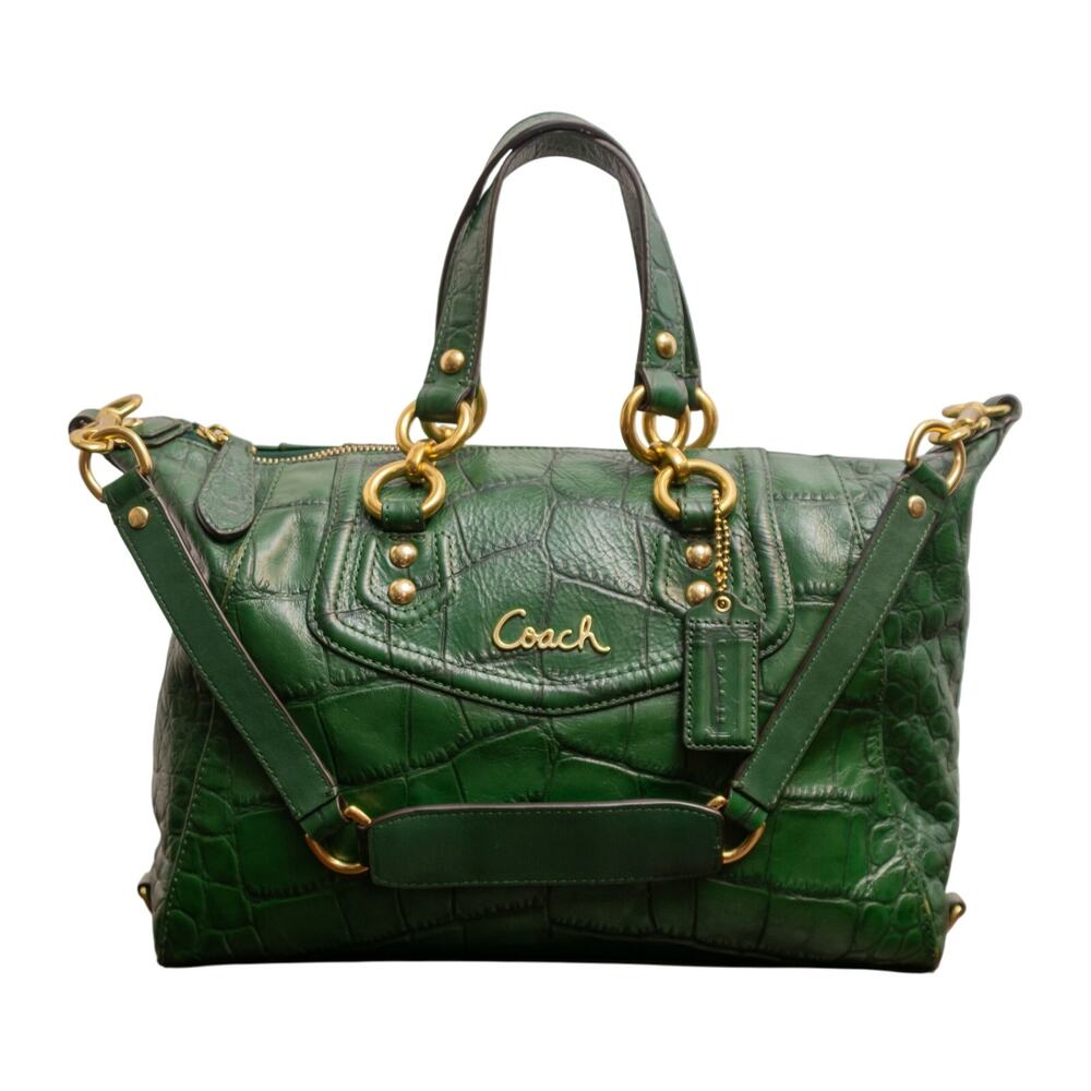 Coach Green Croc Shoulder Bag with Gold Accents